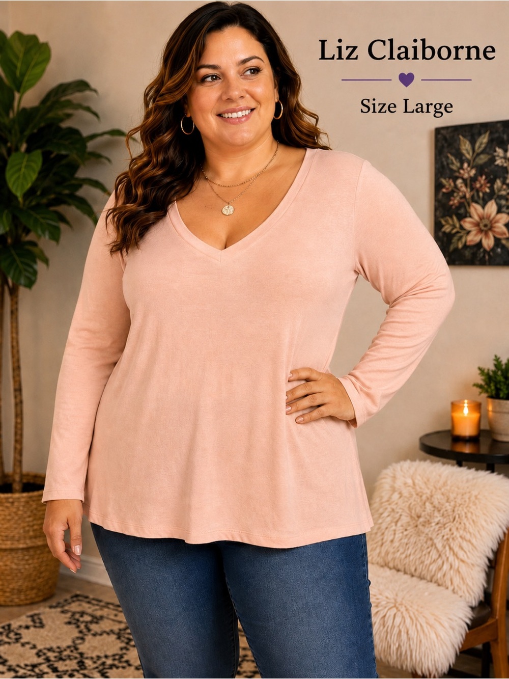 Liz Claiborne Women’s Large Peach Pink (Rose Smoke) Long Sleeve V-Neck Top NWT
